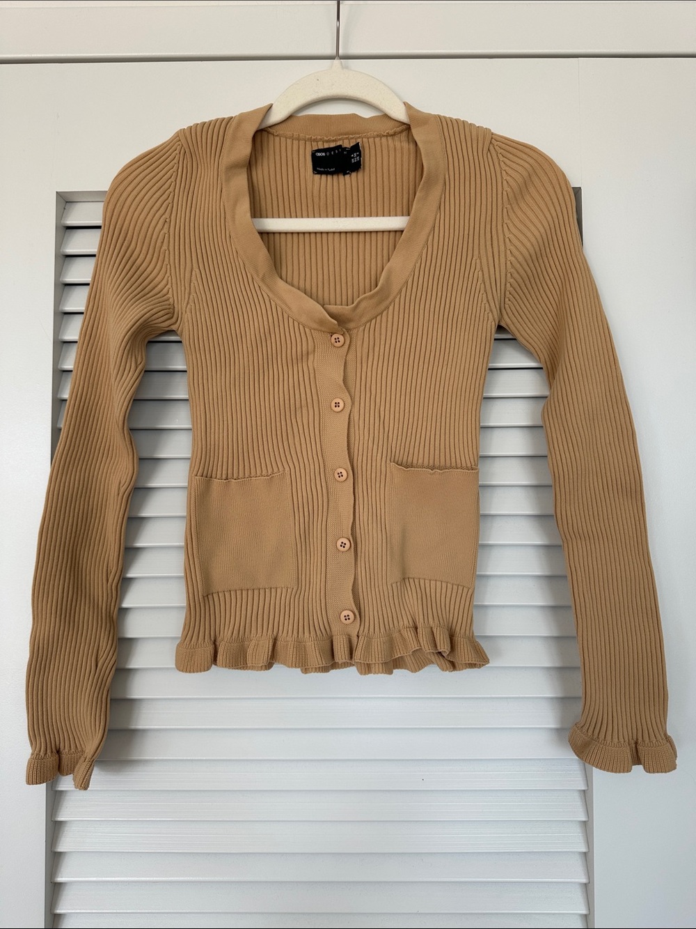 ASOS Ribbed Knit Ruffle Hem Cardigan Sweater Camel Tan